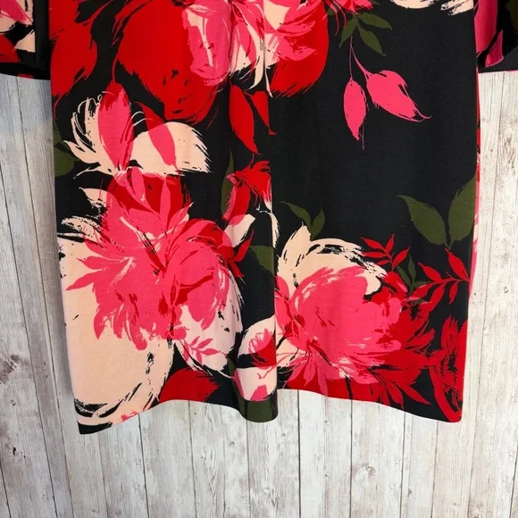 Trina Turk 'Sena' Black Pink Floral Bell Sleeve V-Neck Ponte Dress 8 - Picture 4 of 10